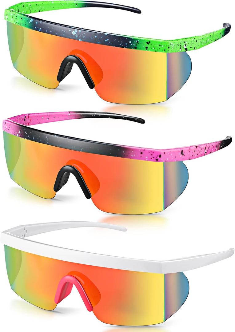 Fabbay 3 Pair Neon Retro Mirrored Sunglasses 80s 90s Semi Rimless Colored Lens Sunglasses for Sport Men Women (Classic Colors)