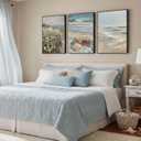 3Pcs Vintage Summer Ocean Beach Canvas Wall Art Retro Pastel Beach Book Coastal Wildflower Landscape Painting Wall Decor Trendy Preppy Print Artwork for Living Room Dorm Home Decoration Unframed
