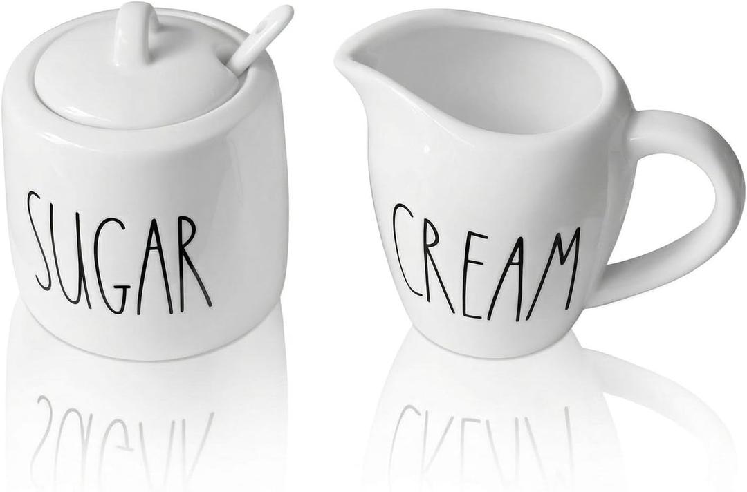 Sugar and Creamer Set, Cream Container and Sugar Holder Set for Coffee Bar, Farmhouse Sugar Bowl with Lid and Spoon, Ceramic Sugar Dispenser and Creamer Pitcher Set for Countertop (White)