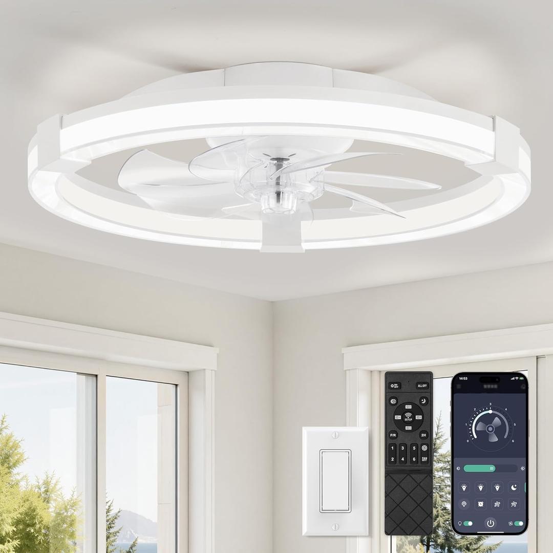 LEDIARY Ceiling Fans with Lights, 20 Inch Low Profile Ceiling Fan with Remote, 6 Speeds, Reversible, Dimmable Flush Mount Fan Light, Modern Fandelier Ceiling Fan with Lights for Bedroom, White
