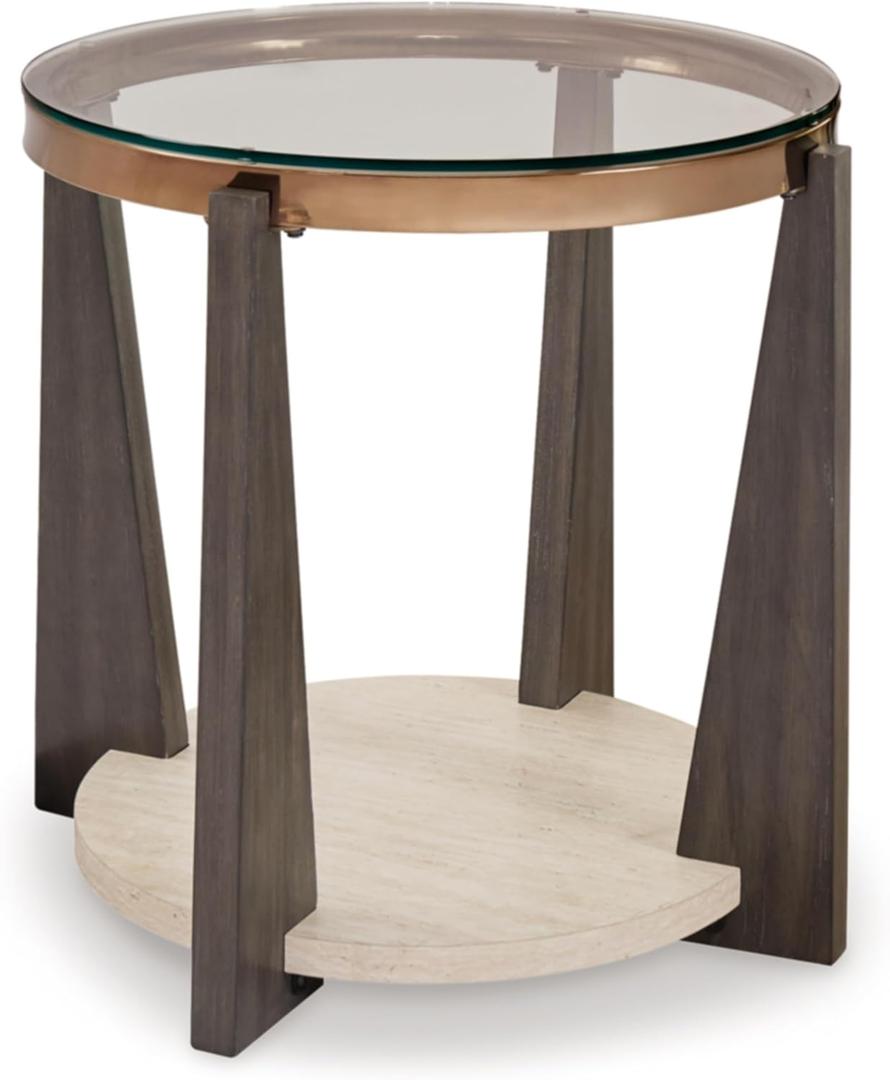 Signature Design by Ashley Frazwa Modern Glass-Tabletop End Table with Open Lower Shelf, Dark Brown & Beige