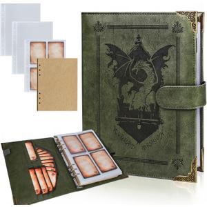 Byhoo DND Spell Cards 5e Leather Spellbook for Dungeons & Dragons notebook with 30 Sleeves for Spell Cards Writable Pages and Magnetic Closure A Must-Have for RPG & Board Games for Every Adventurer (Green)