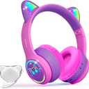 IFECCO Wireless Kids Headphones with Microphone,Foldable Cute Light Up Cat Ear Children Girls Bluetooth Headphones with Case for School Gifts Travel (rose purple)