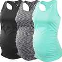 Glampunch 3PCS Maternity Yoga Tops Sleeveless Racerback Workout Athletic Maternity Tank Tops Pregnancy T-Shirt (Small, Black/Black Heather/Green)
