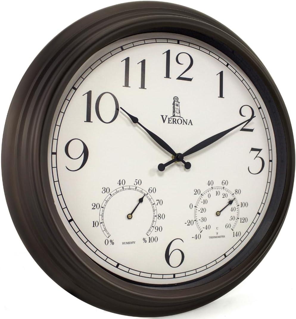 Outdoor Clocks for Patio Large Waterproof with Thermometer - Black 18 inch Indoor Outdoor Clock with Temperature and Humidity for Wall - Weatherproof, Accurate & Easy to Read for Pool, Patio & Garden (Brushed Oil Black)