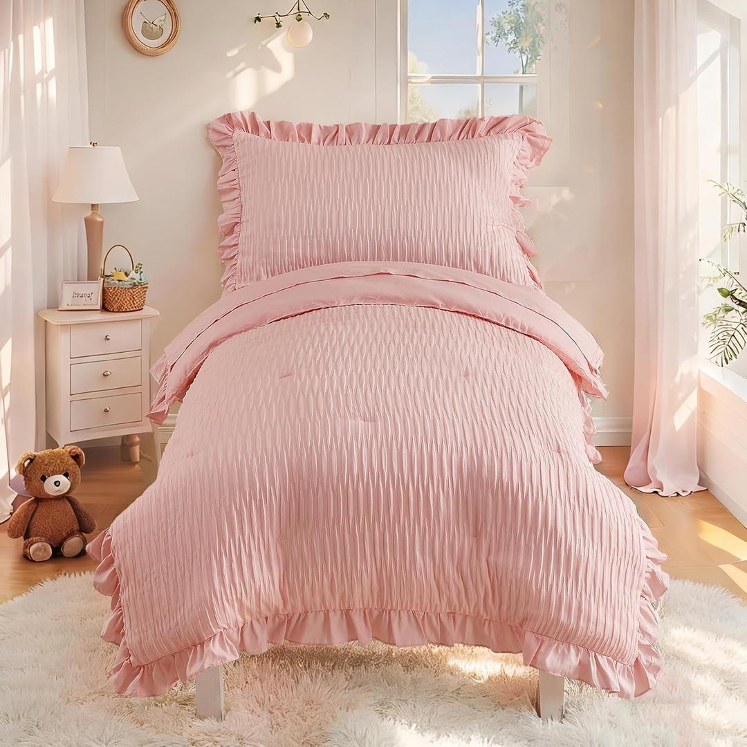 Cozyholy 4 Piece Textured Seersucker Toddler Bedding Set Girls Crib Sheets Set Pink Ruffle Baby Bed Comforter Set Lightweight Bed in a Bag | Include Comforter, Flat Sheet, Fitted Sheet, Pillowcase