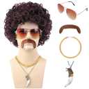6pcs Set 70s 80s Disco wig with Mustache Glasses Artificial Wolf Necklace Gold Chain Short Curly Synthetic Hair Afro Mens Wig for 60s Hippies Costume Cosplay Halloween Party (Reddish Brown)