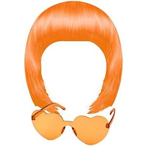 MIAHART Orange Short Bob Wig and Sunglass Set, Neon Colored Wigs Sunglass Pack Costume Colorful Cosplay Wigs Daily Party Hairpieces for Bachelorette Neon Party Favors Halloween Decorations Supplies