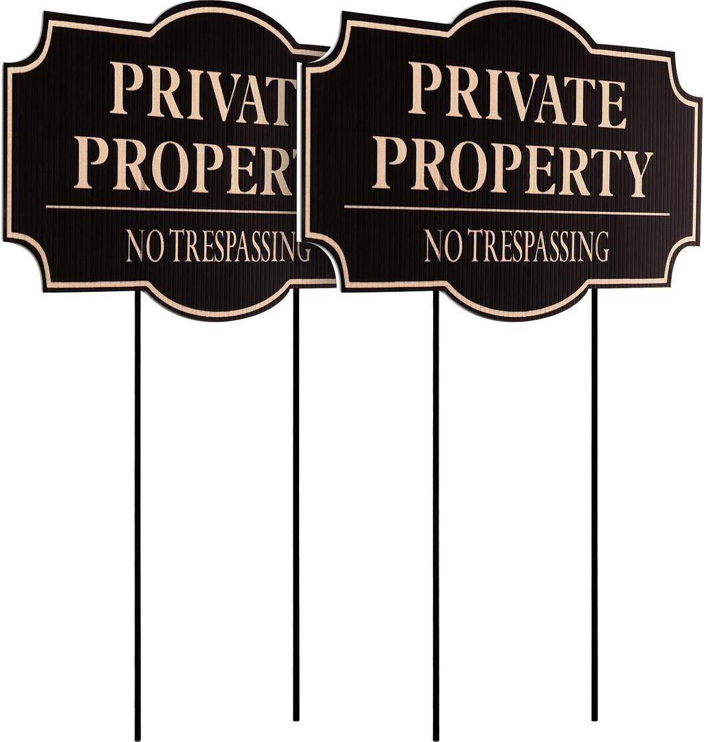 Sawysine 2 Pcs Corrugated Plastic No Trespassing Signs, 11.8 x 6.7 Inches, Private Property Decorative Signage with Stakes, for Garden Lawn Indoor Outdoor Use (Brown Text)