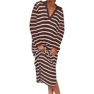 Saodimallsu Womens Striped Sweater Dress Fall Chunky Knit V Neck Collared Long Sleeve Sexy Slit Loose Midi Dresses (Small, Brown)