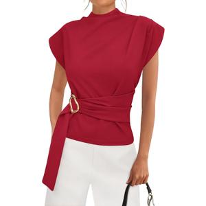 PRETTYGARDEN Women Blouses Spring Dressy Cap Sleeve Mock Neck Work Shirts Buckle Tunic Summer Business Casual Tops 2026 (Large, Red)