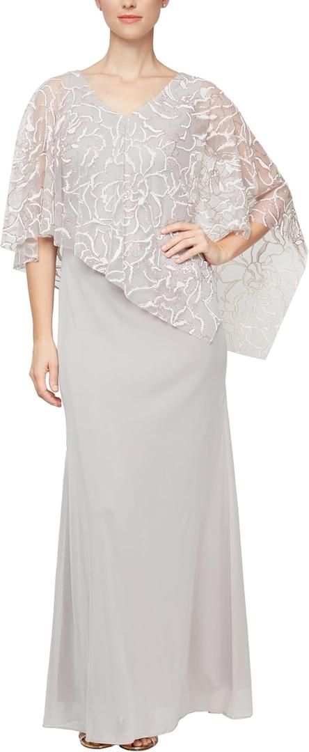 S.L. Fashions Women's Long Floral Shimmer Overlay Cape Gown, Formal Event, Wedding Guest Dress Size 14