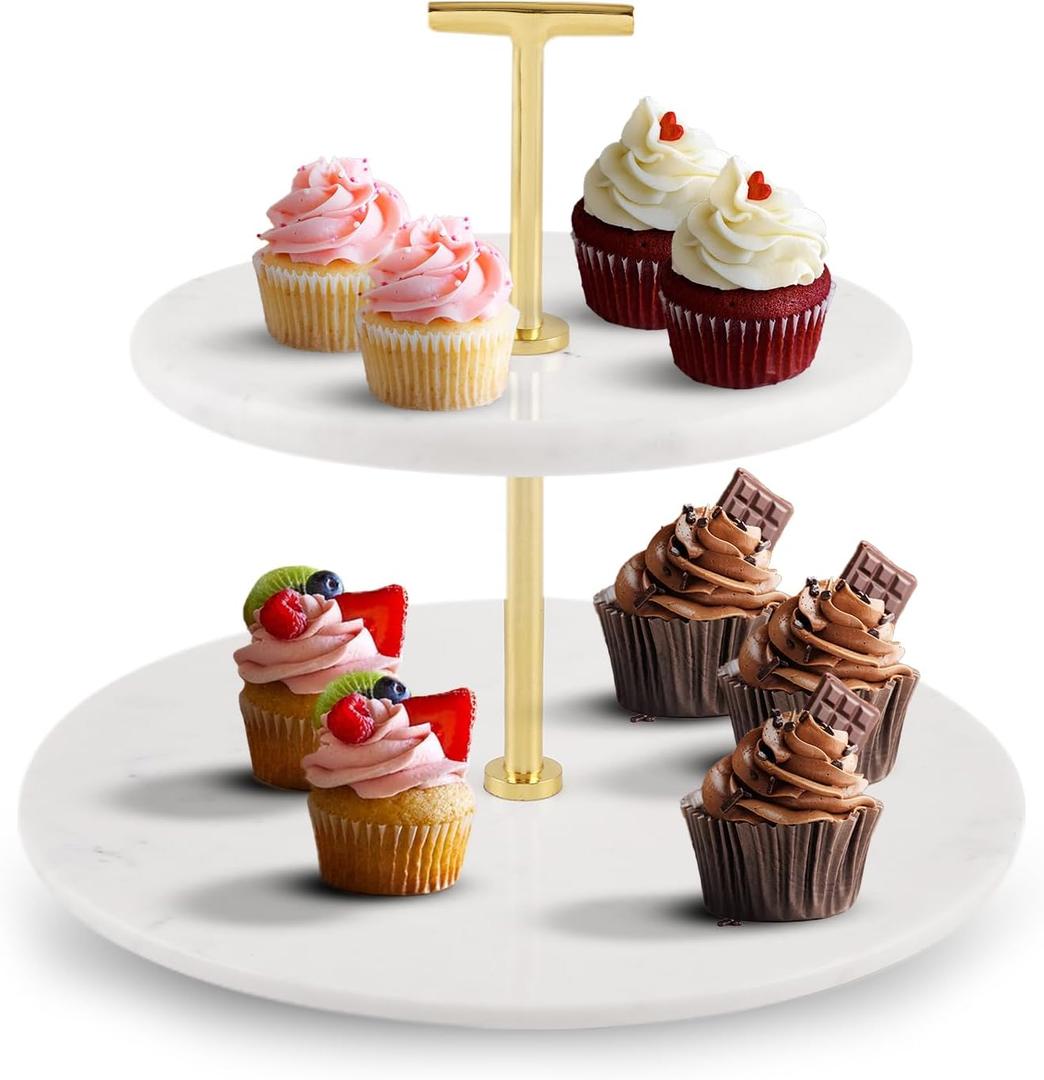 Supabon 2 Tiered White Marble Tray with Gold Metal Stand - Serving Tray for Desserts, Pastries, Cupcakes, Countertop Decor Display Stand, Detachable White Marble Plates with Gold Metal Handle