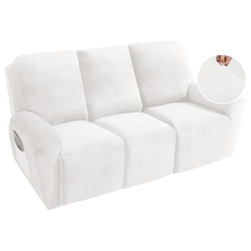 MAXIJIN 8 Pieces Recliner Sofa Covers, Stretch Velvet Reclining Couch Covers for 3 Cushion Furniture Covers, Thick, Soft, Washable Reclining Sofa Slipcovers (Sofa Recliner, White)