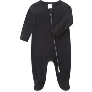 Hikido Baby Romper 100% Organic Cotton Pajamas One Piece Long Sleeve Zipper Footie Onesie for Baby (0-3 Months, Black)