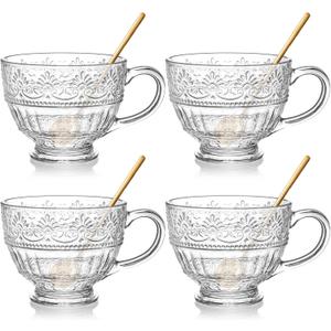 AVLA 4 Pack Glass Coffee Mugs, 16 OZ Clear Tea Cups with Handle and Spoons, Crystal Drinking Glassware for Latte, Cappuccino, Americano, Juice, Hot Beverage, Water, Dishwasher & Microwave Safe