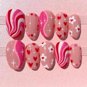 30Pcs Short Almond Press on Nails Valentines Fake Nails with Flower Love Heart Stripe Design Pink Full Cover False Nails Valentines Heart Nails Press ons Full Cover Artificial Stick on Nail for Women
