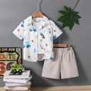 Hawaiian Shirts for Toddler Boy 2 Pieces, Summer Short Button Down Shirt and Short Cute Cartoon Prints Outfit for kid 7Y