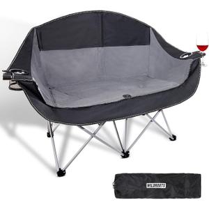 Double Camping Chair Heavy Duty 600LBS 2 Person Loveseat Portable w Holder