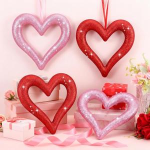 4 Pack Large Valentine's Day Heart Ornaments for Tree 8 Inch Red Pink Glitter Heart Ornaments Valentines Wreaths Foam Hang Valentines Decoration for Front Door Holiday Wedding Anniversary