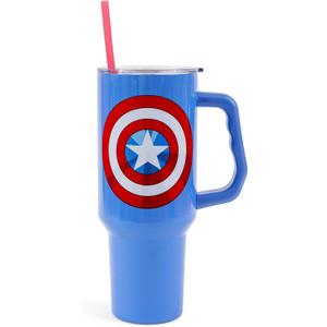 Silver Buffalo Marvel Captain America Shield Double Walled Stainless Steel Tumbler with Handle and Straw, Fits in Standard Cup Holder, 40 Ounces