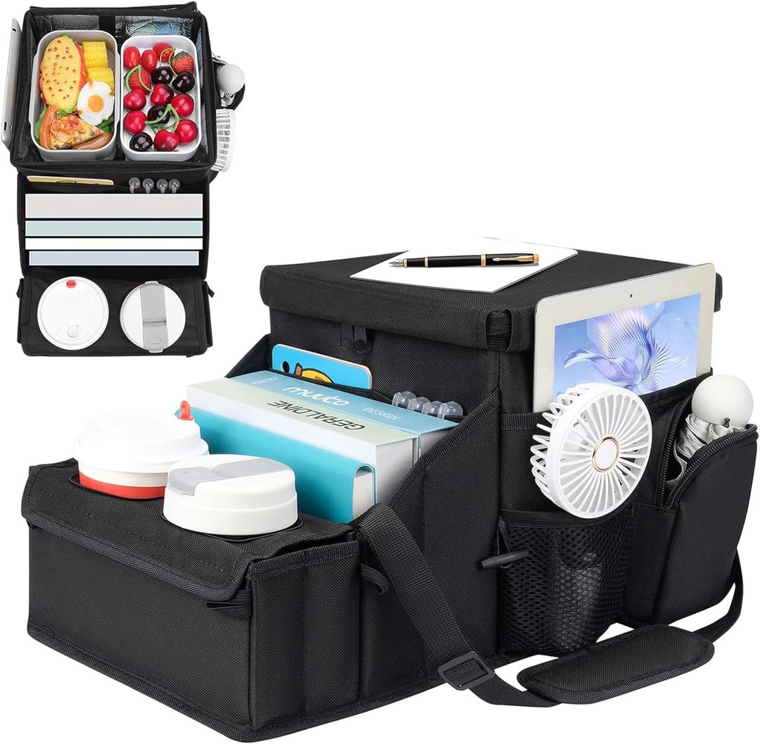 Car Organizer for Front Seat Organizer and Storage, Collapsible Car Caddy, Passenger Seat Organizer with Partitions & Cup Holders, Car Organization for kids and Adults (Black)