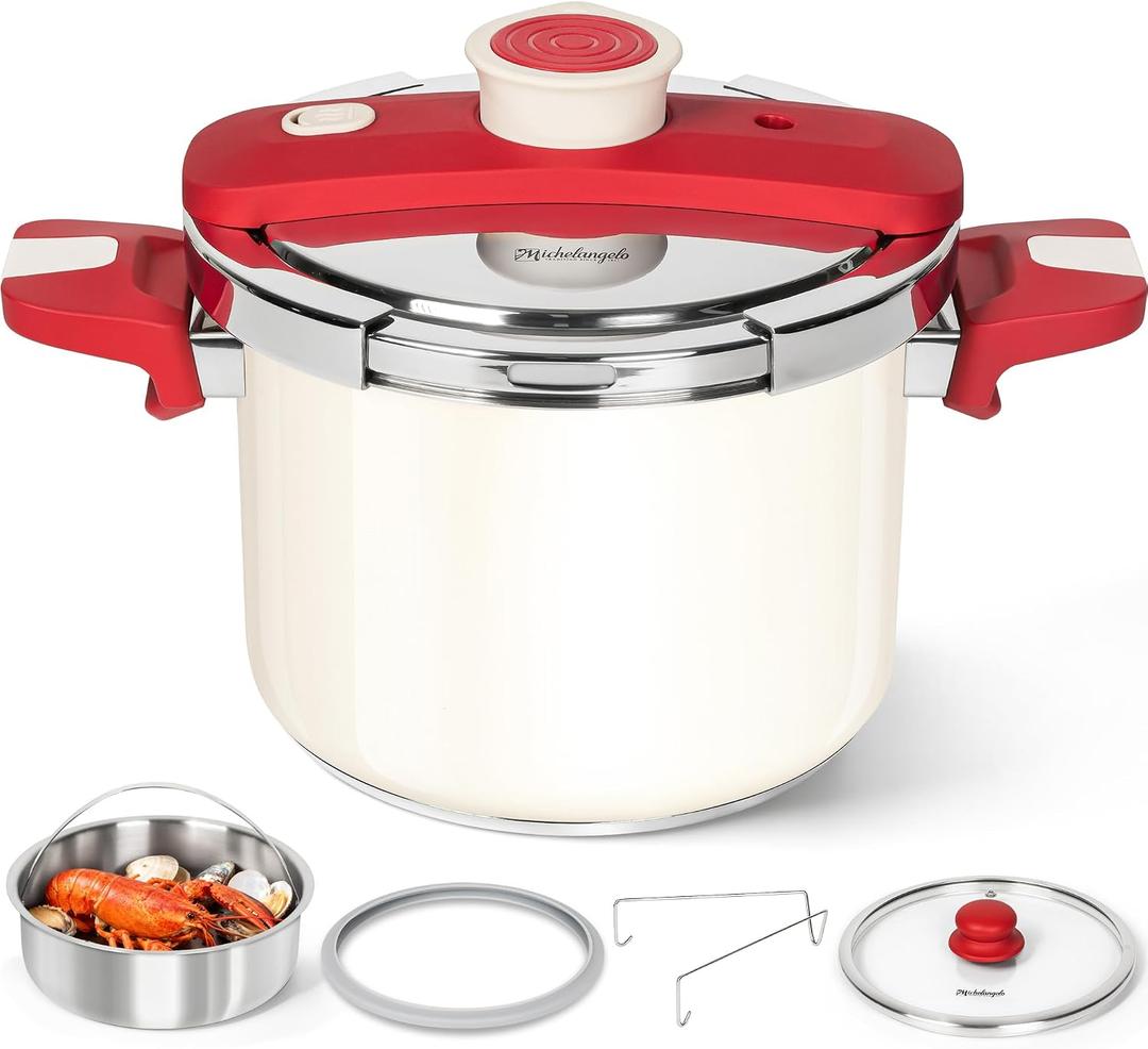 MICHELANGELO Stovetop Pressure Cooker Stainless Steel, 6.3 qt, 304 Stainless Steel, 6-Fold Safety System, One-Hand Easy-Open Lid, 2 Pressure Settings, Steamer Basket & Glass Lid, Induction Compatible