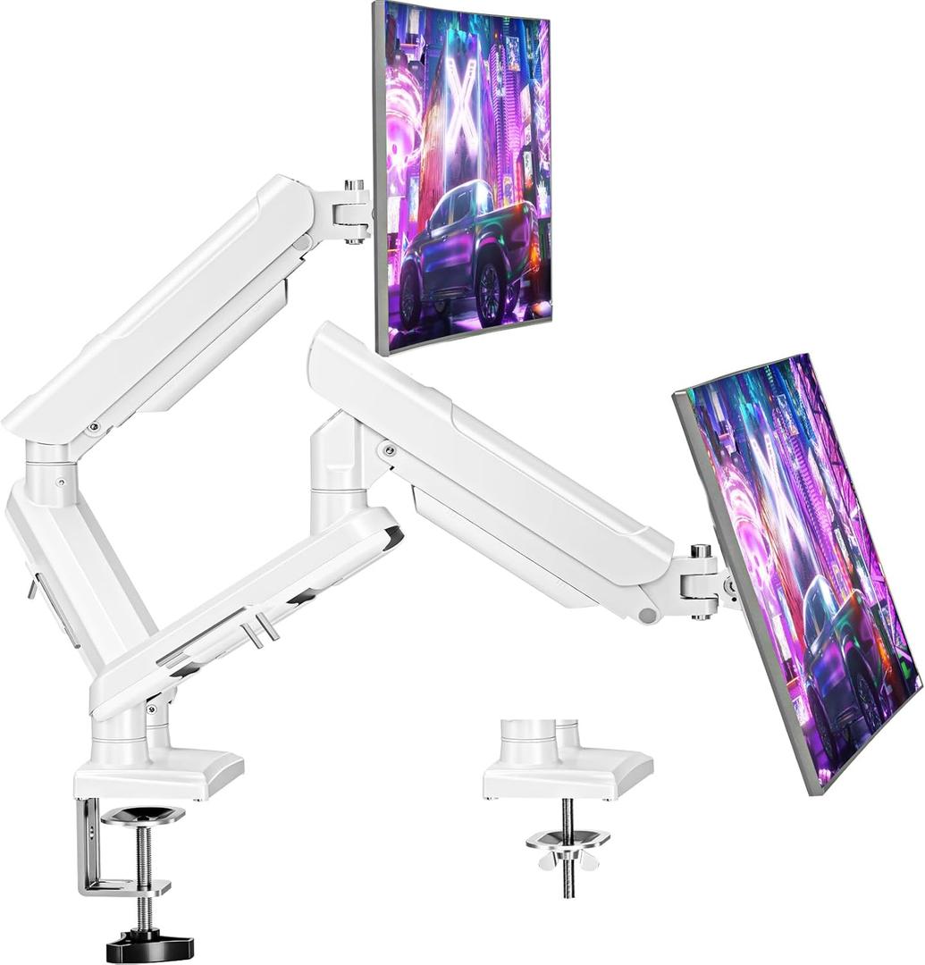 Dual Monitor Mount for 13-32 inch Screens, Gas Spring Monitor Stand for 2 Monitor, Full Adjustable Monitors Desk Mount with C-ClampGrommet Base, Each Arm Holds Max 22 lbs, Freelift Pro White