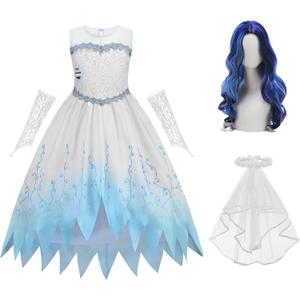 Zombie Bride Costume for Girls Halloween Dress up Outfits With Wigs and Hair Accessories (120(5-6T), White)