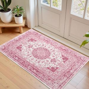 2x3 Bright Pink Area Rug for Entryway, Small Washable Rugs with Non-Slip Backing for Girls Bedroom, Cute Vintage Throw Carpet Kitchen Laundry Front Door Decor