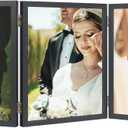 3 Picture Frame 8x10 Hinged Folding Vertical Stand for Tabletop Display, Wood Three Opening 8x10 Triple Photo Frame Collage with Shatter Resistant Plexiglass, Black