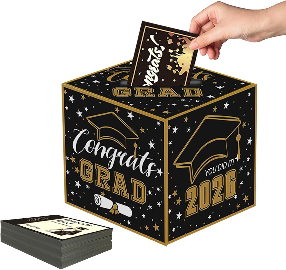 6 x Graduation Decorations 2026,Graduation Card Box with 45 Advice Cards, Black Gold Congrats Grad Wish Card Holder Box for Graduation Party Decorations