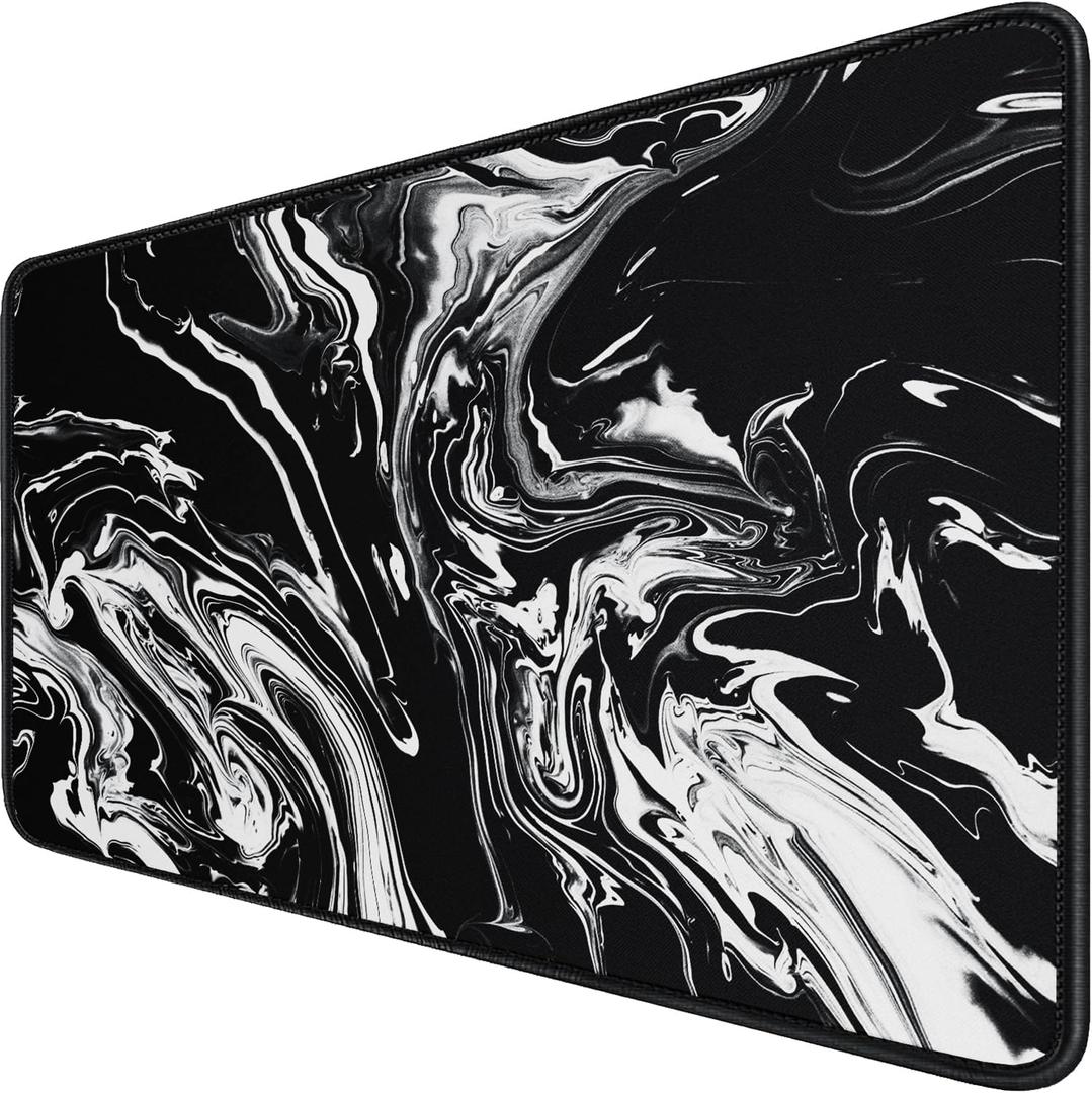 Large Extended Gaming Mouse Pad with Stitched Edges, Durable Non-Slip Natural Rubber Base, Waterproof Computer Keyboard Pad Mat for Esports Pros/Gamer/Desktop/Office/Home - Black White (31.5L x 15.6W inches)