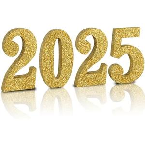 TONIFUL 4 Inch 2025 Gold Glitter Table Centerpiece Sign 2025 Number Word Sign,2025 Wooden Numbers Block for New Year Eve,Graduation,Chrismas,Anniversary Party Supplies