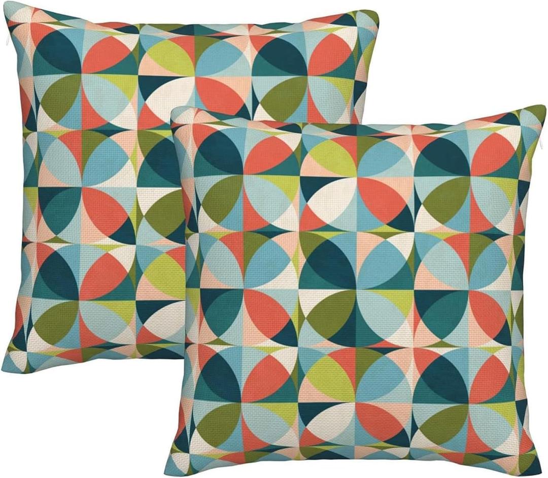 bassyil Geometric Mid Century Modern Colors Throw Pillow Covers Decorative Linen Pillow Cases Set of 2 Square Cushion Cover for Couch Sofa Bedroom Patio 18x18 Inch