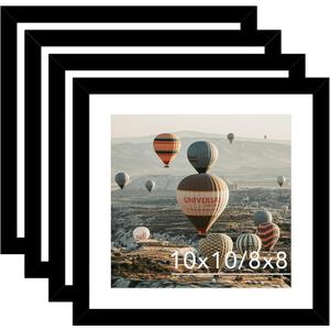 10x10 Picture Frame with Mat, Display Photo 8x8 with Mat or 10 x 10 without Mat, Wood Square 8 by 8 Photo Frames for Wall Hanging, 4 Pack, Black