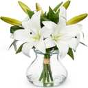 Artificial Flowers Tiger Lily Real Touch with Vase Easter Lily White Lilies Silk Faux Flowers Arrangements in Glass Vase with Faux Water Easter Decor Fake Floral Bulk Bouquet for Office Home Decor