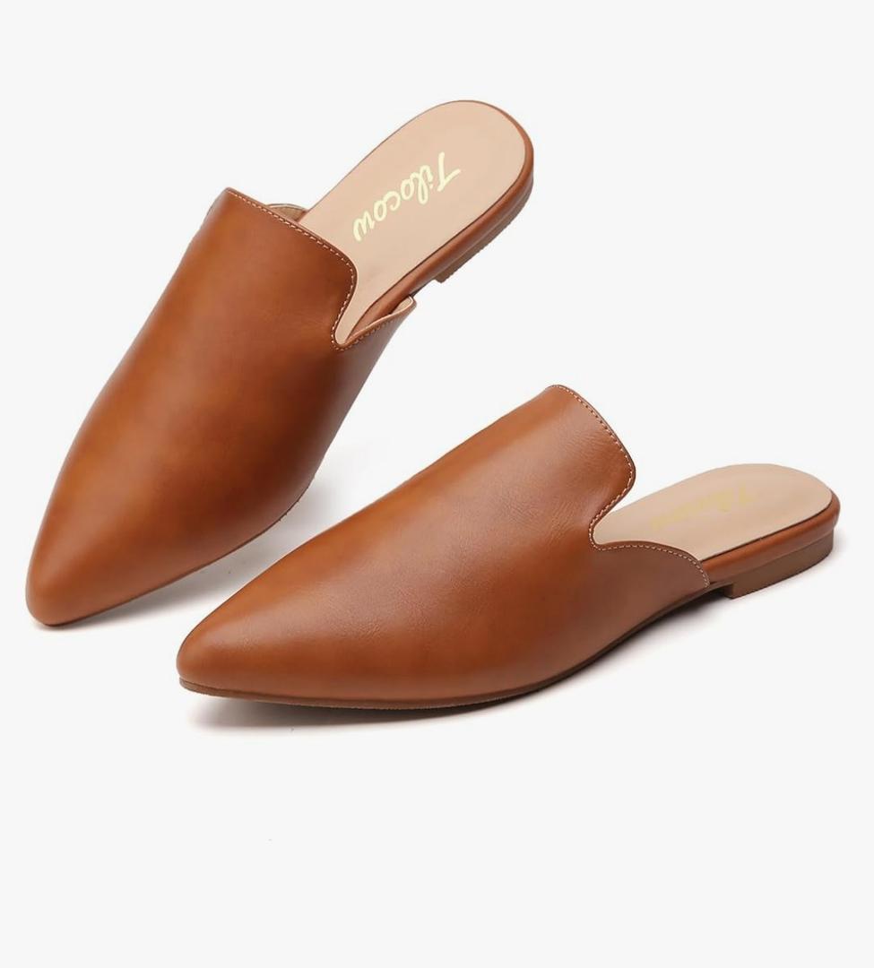 Mules for Woman Comfortable Pointed Toe Backless Loafers Flat Mule Business Casual Shoes Slides Slip on, Brown , 7.5(M)