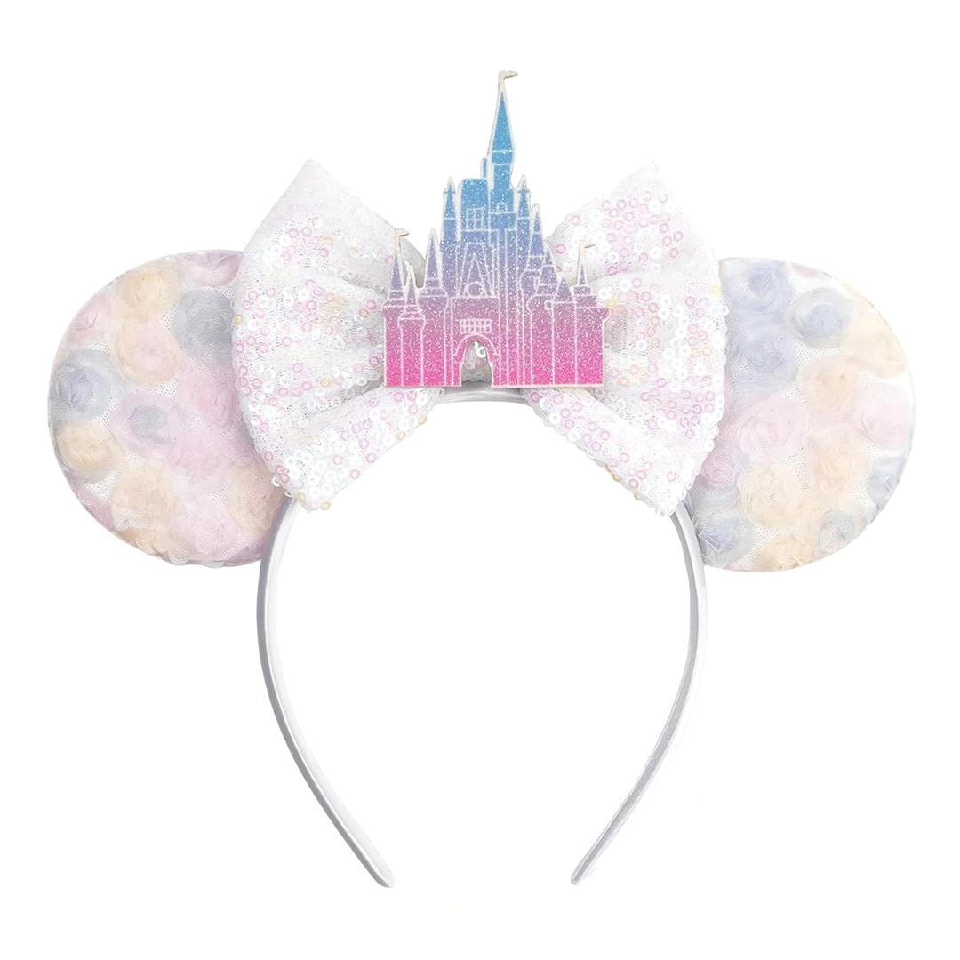 Castle Bow Headband with Floral Mouse Ears - Lightweight Sparkle Hair Accessory for Theme Park, Party & Celebration (Pink & Blue Castle)