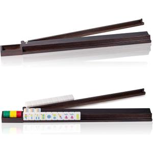 4PCS Wooden Mahjong Racks with Pushers,21 Inches All-in-One Mahjong Pushers and Racks for Mahjong, Dominoes,Mexican Train ,Includes Magnetic Chip Box (Reddish Brown)