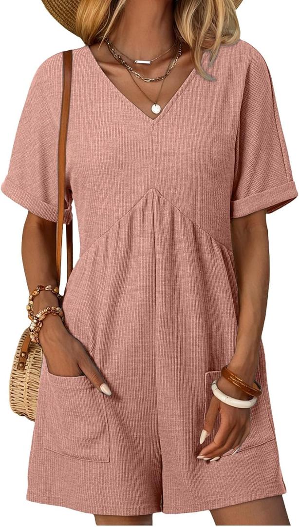 AlvaQ Rompers for Women Solid Color Casual Short Sleeve V Neck Zipper Short Jumpsuits with Pockets (XXL)