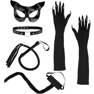 5 Pcs Halloween Cat Costume Accessories for Women, Black Cat Mask Cosplay Costume for Women, Set of 5pcs Faux Claw Gloves Necklace Tail Outfit Set