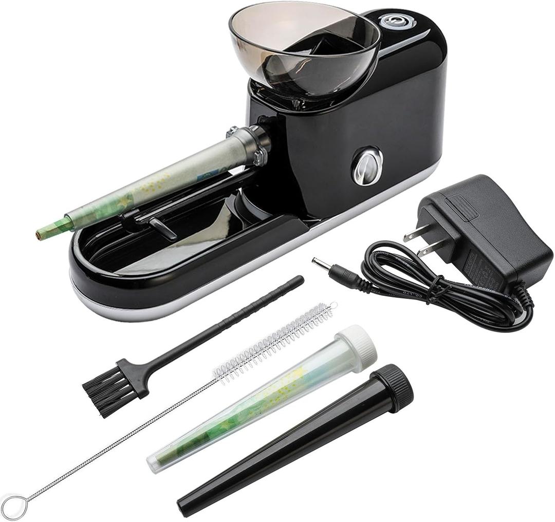 Free Boy Electric Cones Rolling Machine Automatic Cone Loader Mini Portable Pre Rolled Cones Filling Maker,1 Stirring Rod, 1 Brush(King Size, Black-Lines)