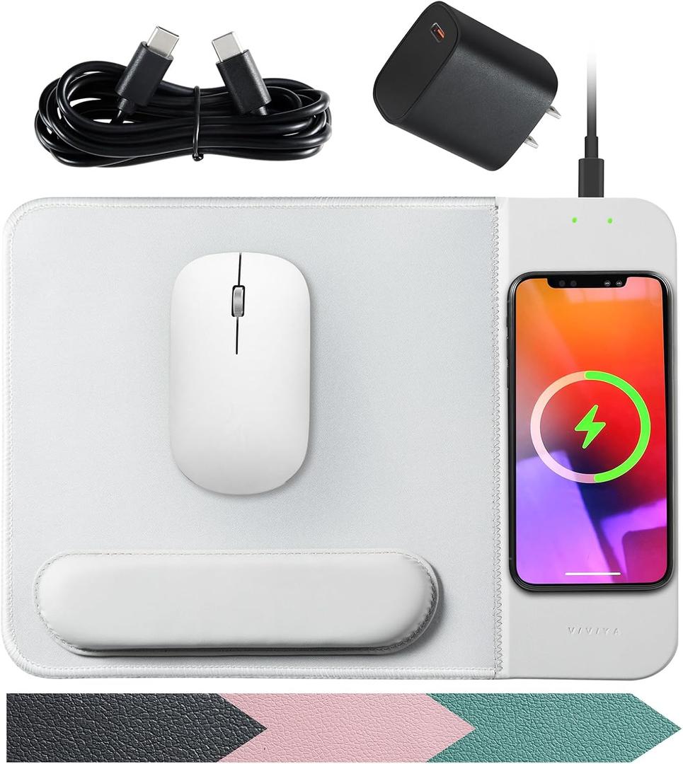 15W Wireless Charging Mouse Pad with Detachable Wrist Support and 20W Power Adapter, Fast QI Wireless Phone Charger Mouse Mat for iPhone 16/15/ 14/13/12/11/X and Samsung Multiple Devices (Grey)