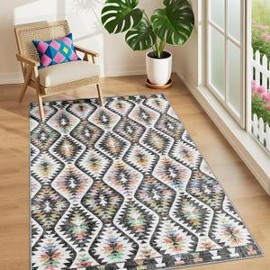3x5 Rug for Living Room, Washable Black Area Rug, Boho Moroccan Geometric Trellis with Vibrant Hues Non Slip Rug for Large Kitchen, Bedroom Bedside, Entryway,Low Pile Ultra Soft Small Carpet