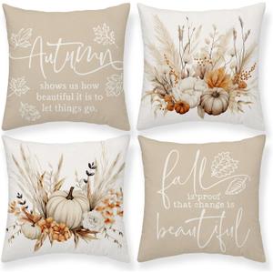 Fall Pumpkin Pillow Covers Autumn Bohemia 18 x 18 Inch Throw Pillows Thanksgiving Harvest Farmhouse Cushion Case Thankful Grateful Farmhouse Decorations for Couch Sofa Set of 4