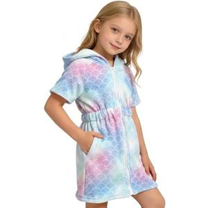 V.&GRIN Girls Swim Cover Up Hooded with Zipper, Terry Cloth Wrap Quick Dry Absorbent with Pockets After Swim for 9-10 Years