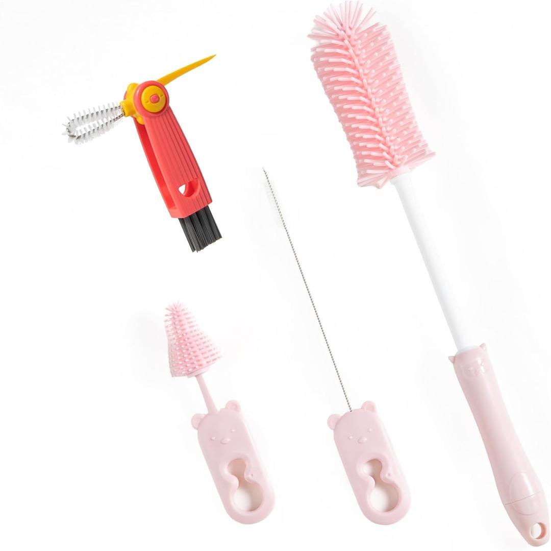 Chemimoso Silicone Bottle Cleaning Brush, 13.4in Long Handle Water Cup Bottles Cleaner for Baby Bottles, Stanley Mug, Sports Bottle, Glass Vase, with a Tiny Cup Lid Gap Cleaning Brush, z Pink