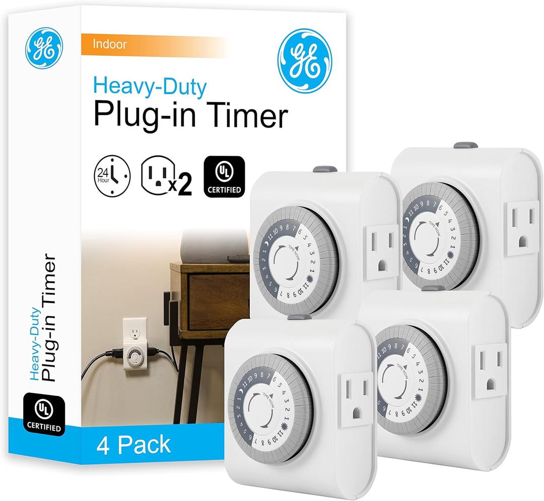 GE Mechanical Grounded Outlet Timer, Dual Plugs with 3 Prongs, 24 Hour Cycle, Indoor Use for Lights, Lamps, Fans, Appliances, Christmas, Tree, 4 Pack, 66405