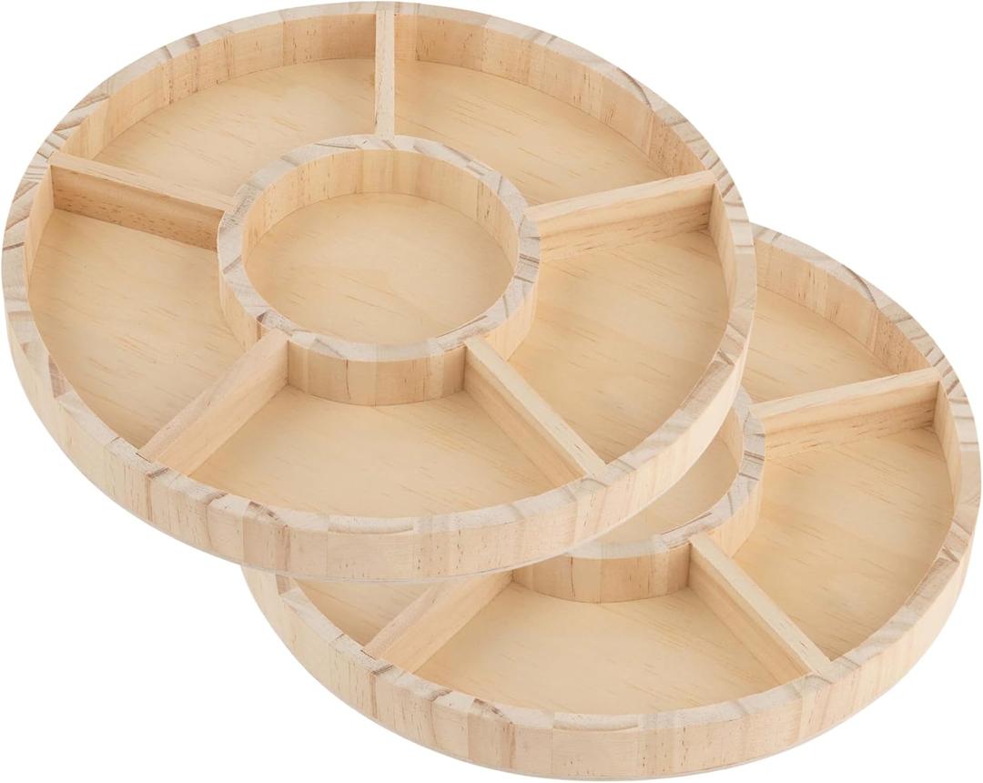 Wooden Candy Platters - Set of 2, 10" Round Bamboo Serving Trays for Parties, Events, and Home Decor - 6 Compartment Candy and Snack Organizer (2 Pack)